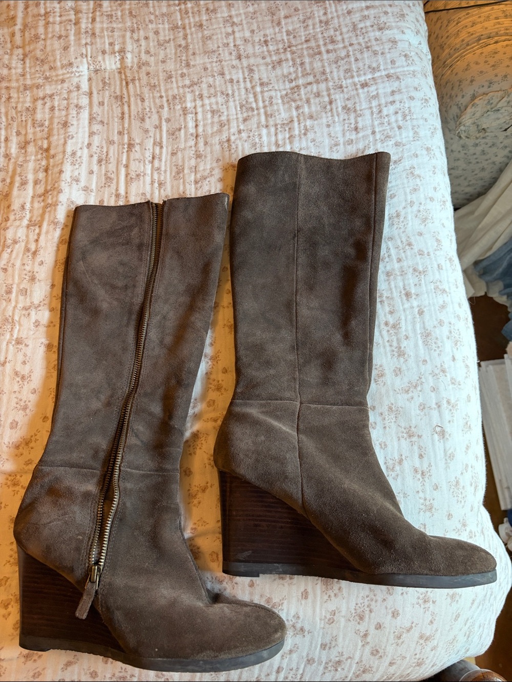Franco Sarto Women's Taupe Suede Wedge Knee-High Boots with Side Zip